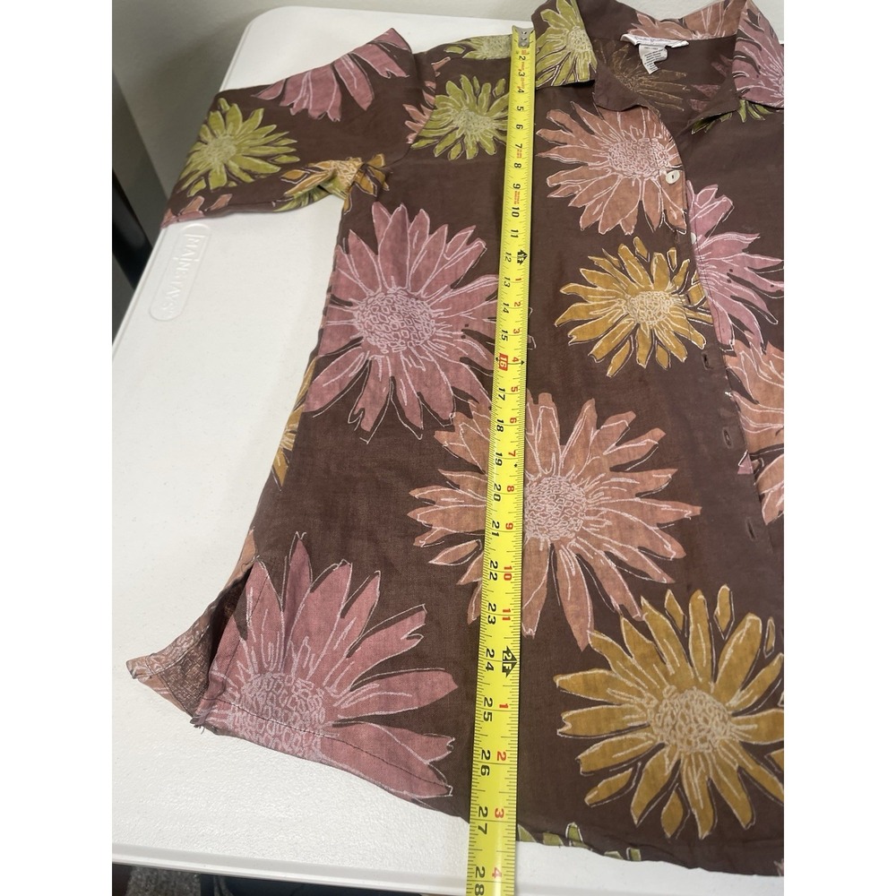 Fresh Produce Linen Button Up Shirt Small Brown Floral Beach Vacation Blouse Top - Picture 7 of 9